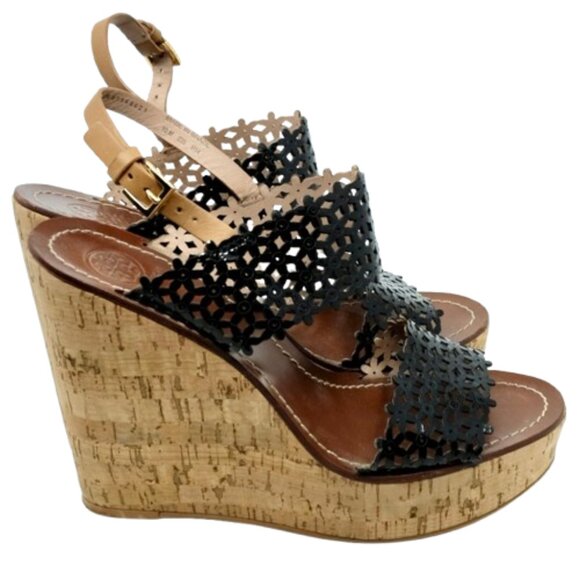 TORY BURCH~Daisy Floral~BLACK PERFORATED LEATHER PLATFORM SANDALS SHOES Sz 10 - Picture 6 of 7